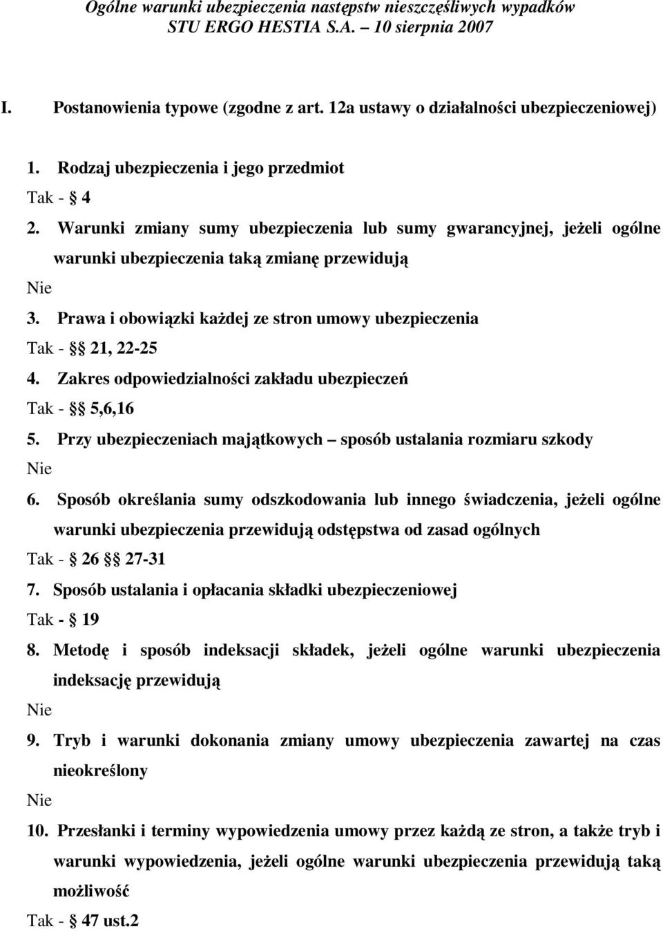 Prawa i obowiązki każdej ze stron umowy ubezpieczenia Tak - 21, 22-25 4. Zakres odpowiedzialności zakładu ubezpieczeń Tak - 5,6,16 5.