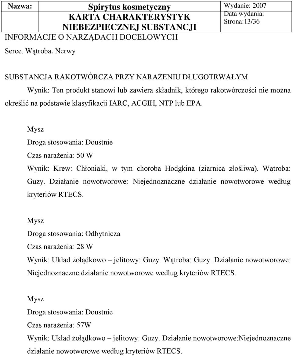 NTP lub EPA. Mysz Czas narażenia: 50 W Wynik: Krew: Chłoniaki, w tym choroba Hodgkina (ziarnica złośliwa). Wątroba: Guzy.