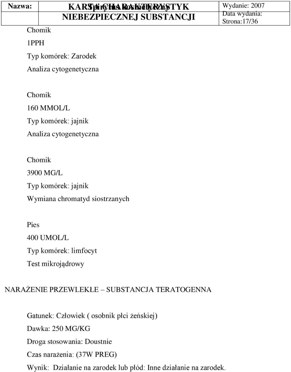 400 UMOL/L Typ komórek: limfocyt Test mikrojądrowy NARAŻENIE PRZEWLEKŁE SUBSTANCJA TERATOGENNA Gatunek: Człowiek ( osobnik