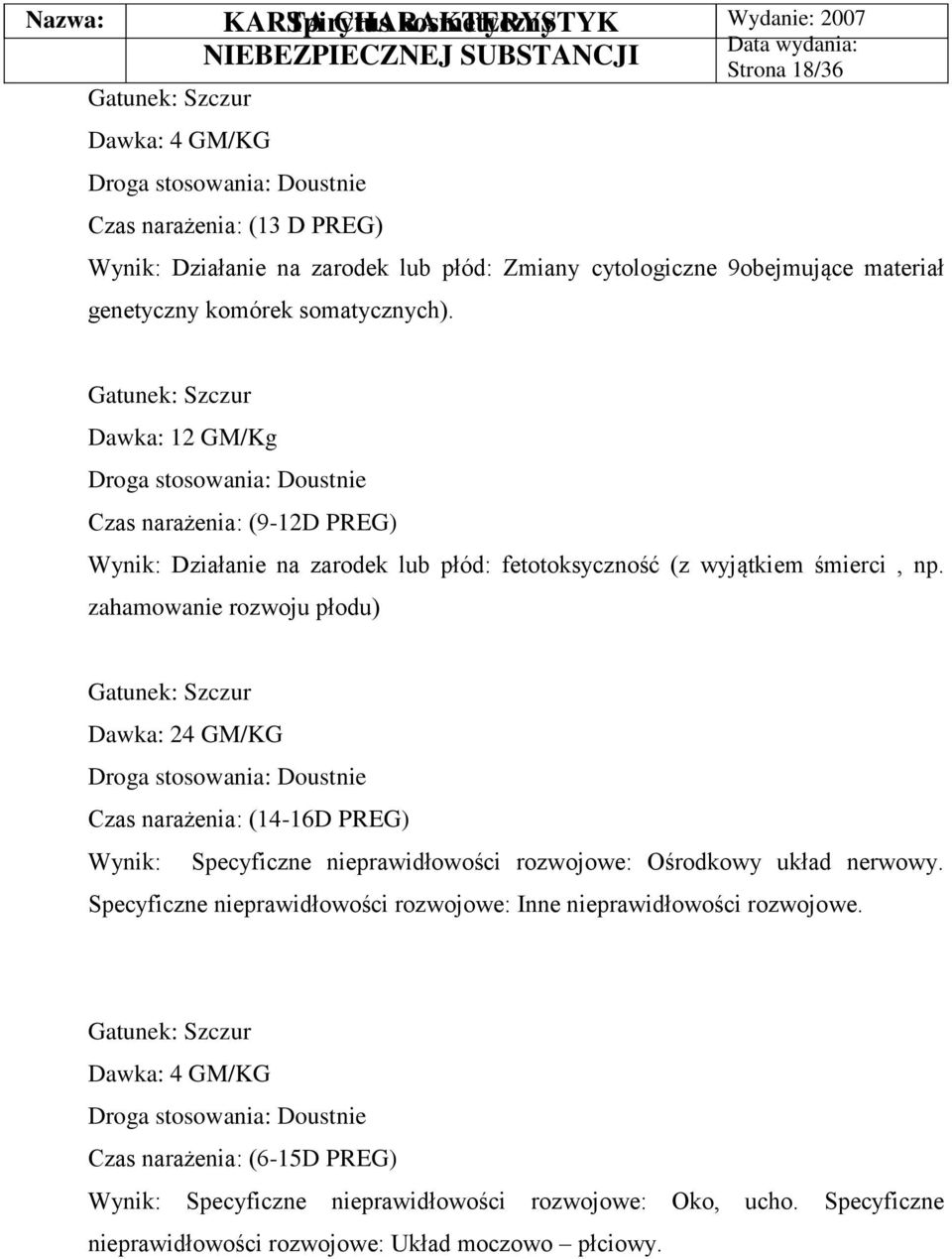 zahamowanie rozwoju płodu) Dawka: 24 GM/KG Czas narażenia: (14-16D PREG) Wynik: Specyficzne nieprawidłowości rozwojowe: Ośrodkowy układ nerwowy.
