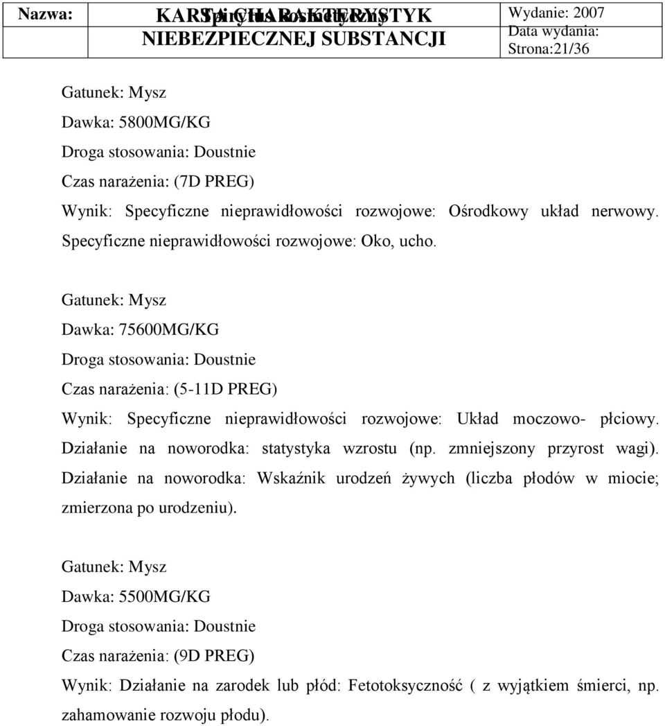 Gatunek: Mysz Dawka: 75600MG/KG Czas narażenia: (5-11D PREG) Wynik: Specyficzne nieprawidłowości rozwojowe: Układ moczowo- płciowy.