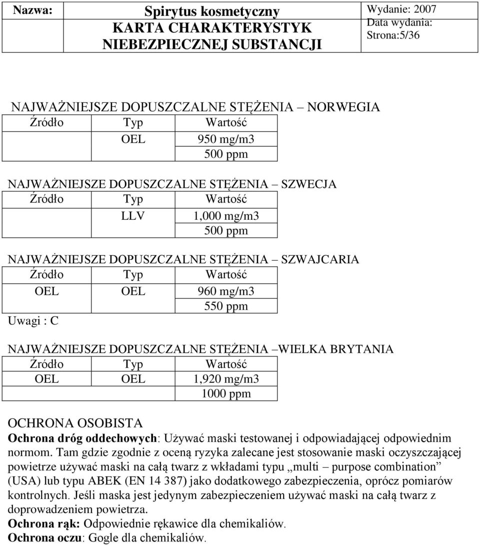 OSOBISTA Ochrona dróg oddechowych: Używać maski testowanej i odpowiadającej odpowiednim normom.