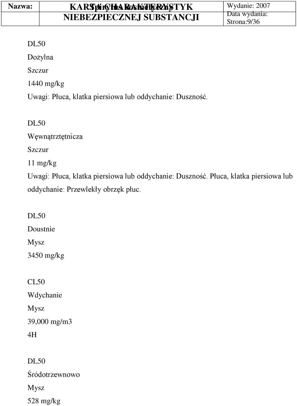 DL50 Węwnątrztętnicza Szczur 11 mg/kg Uwagi: Płuca,  Płuca, klatka piersiowa lub oddychanie:
