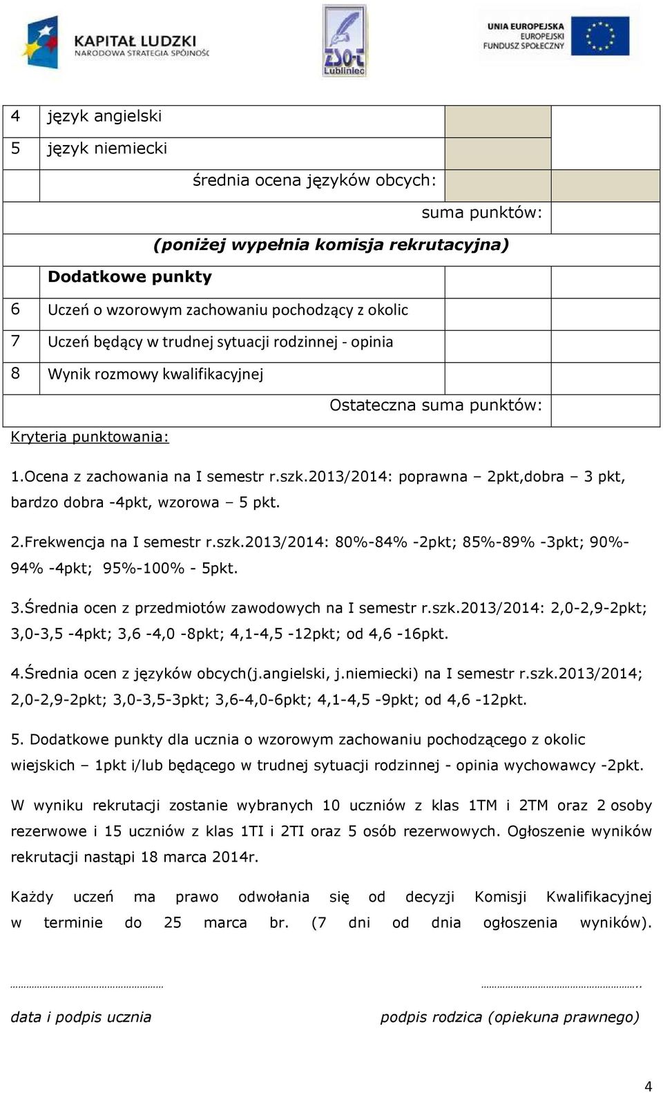 2013/2014: poprawna 2pkt,dobra 3 pkt, bardzo dobra -4pkt, wzorowa 5 pkt. 2.Frekwencja na I semestr r.szk.2013/2014: 80%-84% -2pkt; 85%-89% -3pkt; 90%- 94% -4pkt; 95%-100% - 5pkt. 3.Średnia ocen z przedmiotów zawodowych na I semestr r.