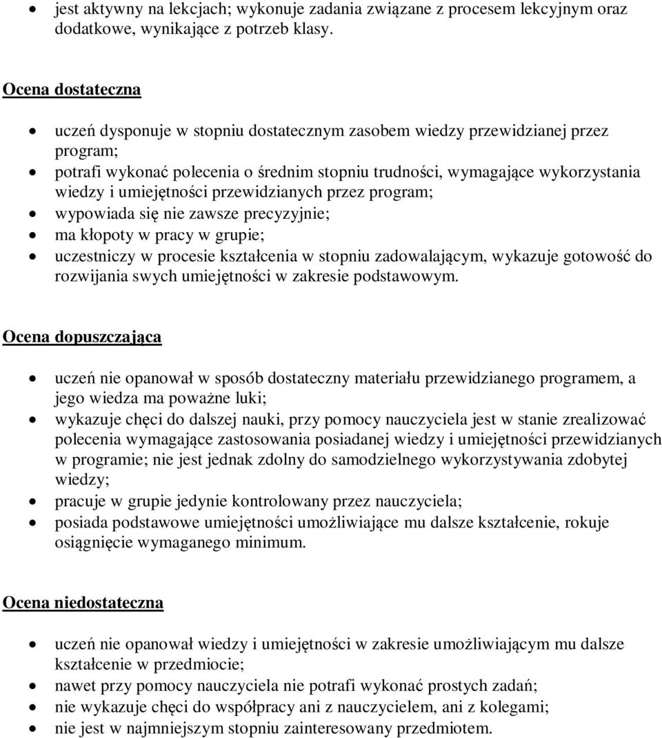 umiejętności przewidzianych przez program; wypowiada się nie zawsze precyzyjnie; ma kłopoty w pracy w grupie; uczestniczy w procesie kształcenia w stopniu zadowalającym, wykazuje gotowość do