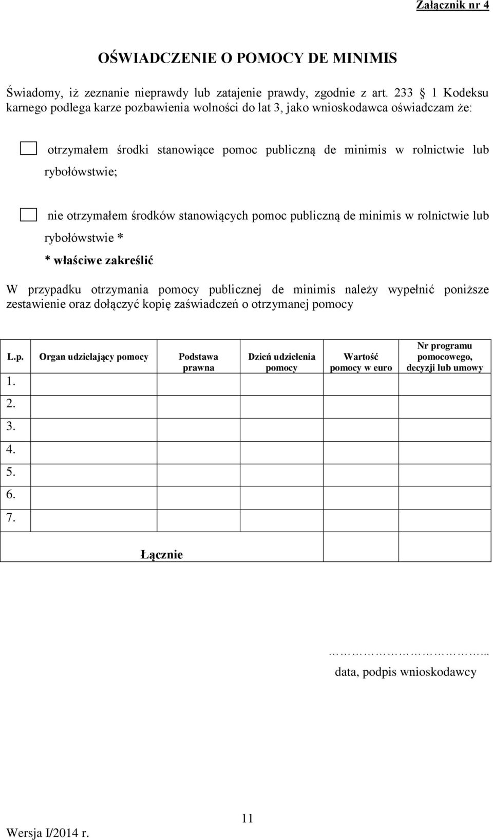 rybołówstwie; otrzymałem środków stanowiących pomoc publiczną de minimis w rolnictwie lub rybołówstwie * * właściwe zakreślić W przypadku otrzymania pomocy publicznej de minimis
