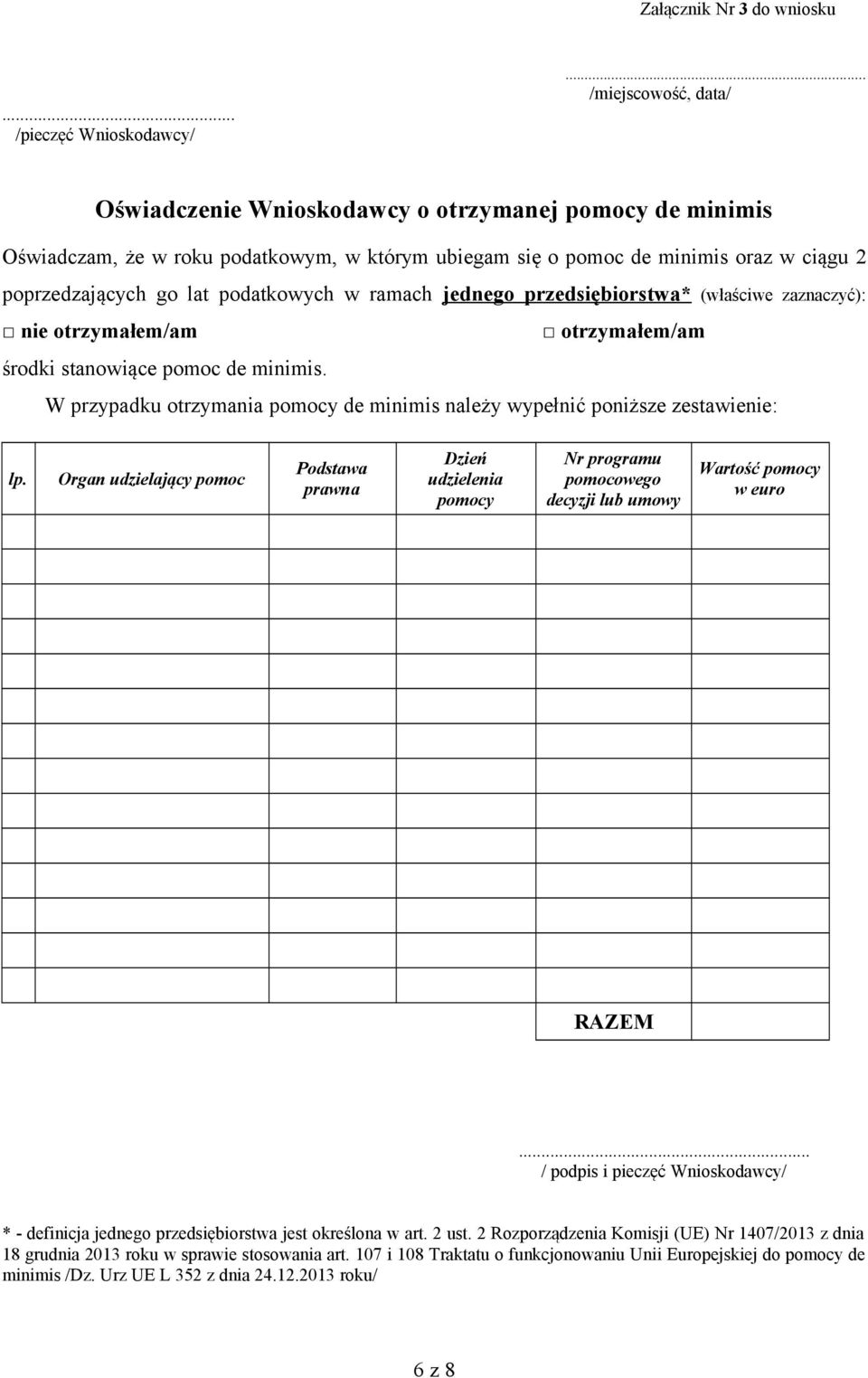 podatkowych w ramach jednego przedsiębiorstwa* (właściwe zaznaczyć): nie otrzymałem/am otrzymałem/am środki stanowiące pomoc de minimis.