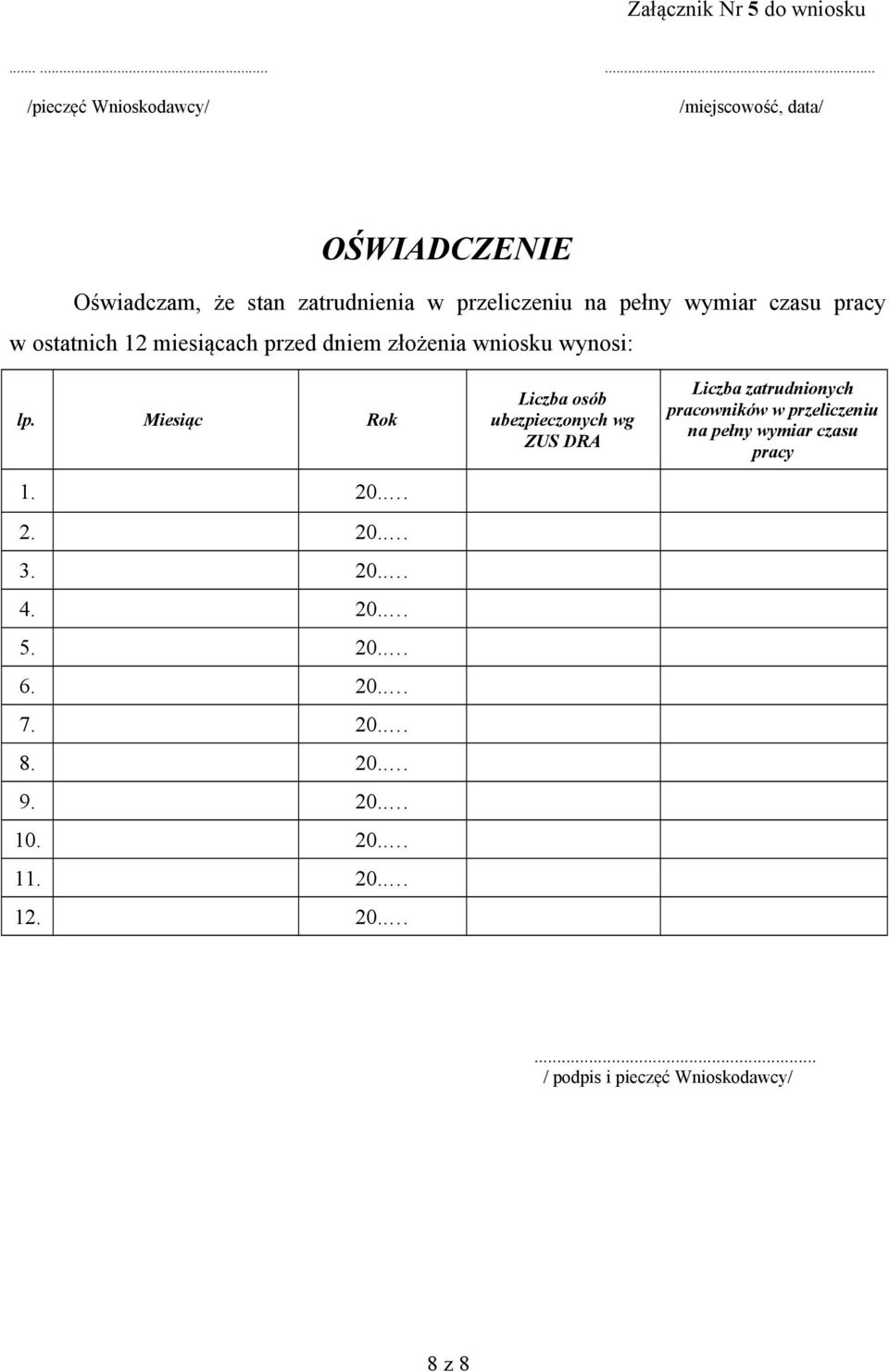 pełny wymiar czasu pracy w ostatnich 12 miesiącach przed dniem złożenia wniosku wynosi: lp. Miesiąc Rok 1. 20.. 2. 20.. 3.