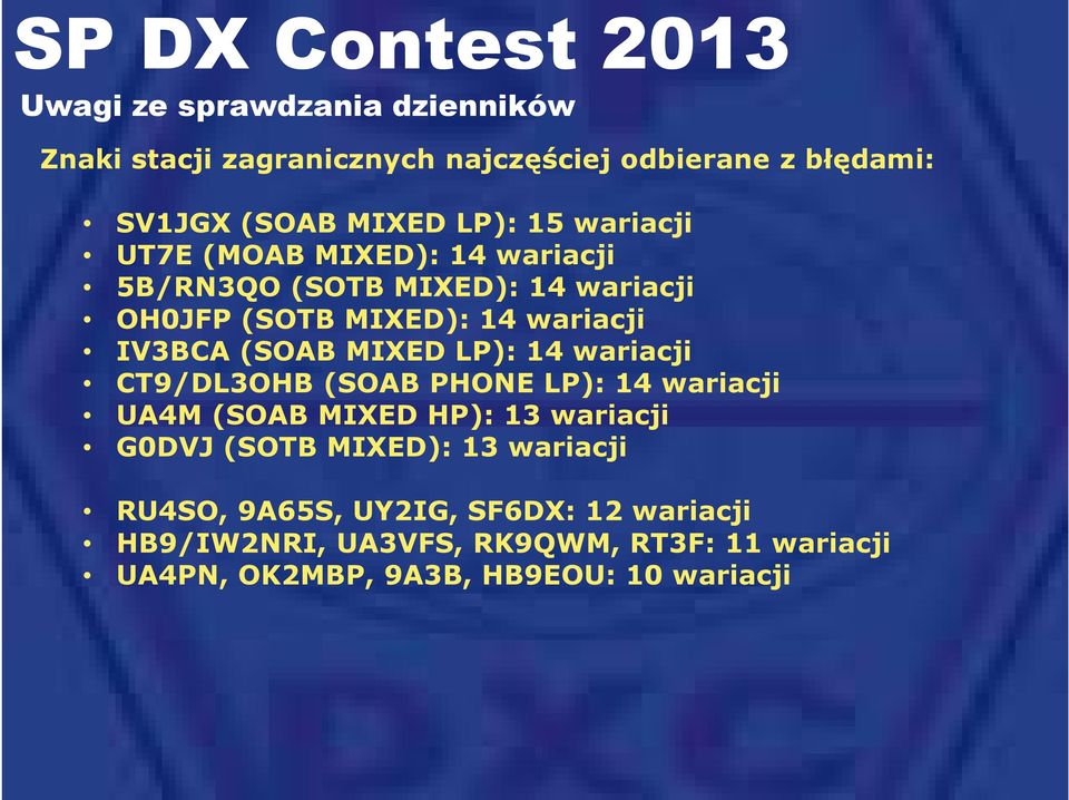 MIXED LP): 14 wariacji CT9/DL3OHB (SOAB PHONE LP): 14 wariacji UA4M (SOAB MIXED HP): 13 wariacji G0DVJ (SOTB MIXED): 13