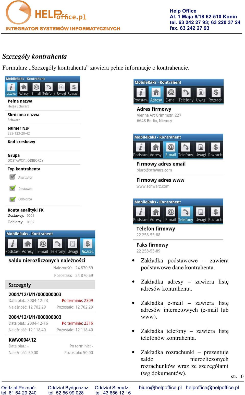 Zakładka e-mail zawiera listę adresów internetowych (e-mail lub www).