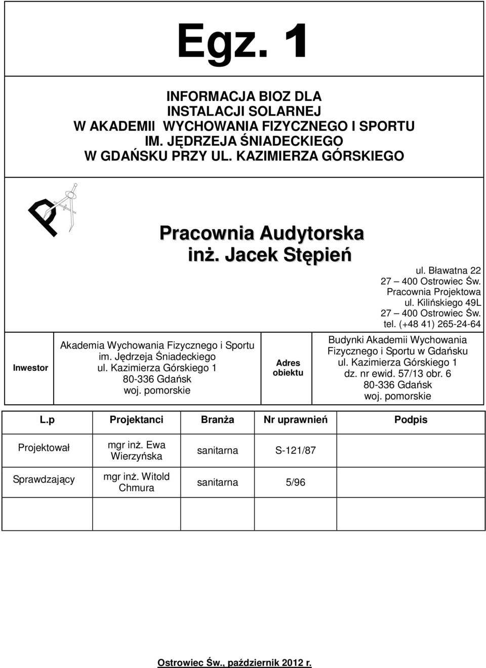 Jacek Stępień Adres obiektu ul. Bławatna 22 27 400 Ostrowiec Św. Pracownia Projektowa ul. Kilińskiego 49L 27 400 Ostrowiec Św. tel.