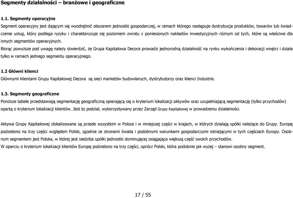 ryzyku i charakteryzuje się poziomem zwrotu z poniesionych nakładów inwestycyjnych róŝnym od tych, które są właściwe dla innych segmentów operacyjnych.