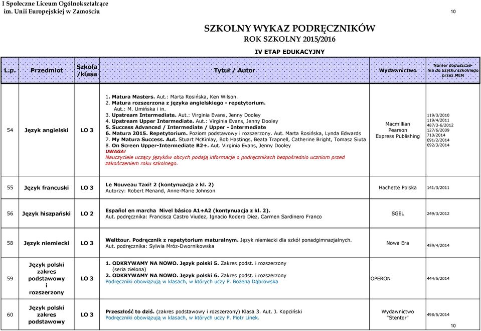 My Matura Success. Aut. Stuart McKinlay, Bob Hastings, Beata Trapnell, Catherine Bright, Tomasz Siuta 8. On Screen Upper-Intermediate B2+. Aut. Virginia Evans, Jenny Dooley UWAGA!