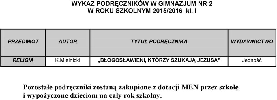 Jedność Pozostałe podręczniki zostaną zakupione z