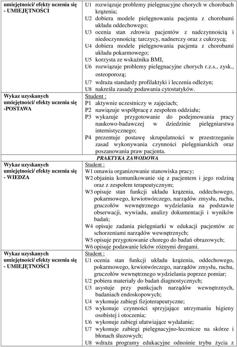 rozwiązuje problemy pielęgnacyjne chorych r.z.s., zysk., osteoporozą; U7 wdraża standardy profilaktyki i leczenia odleżyn; U8 nakreśla zasady podawania cytostatyków.