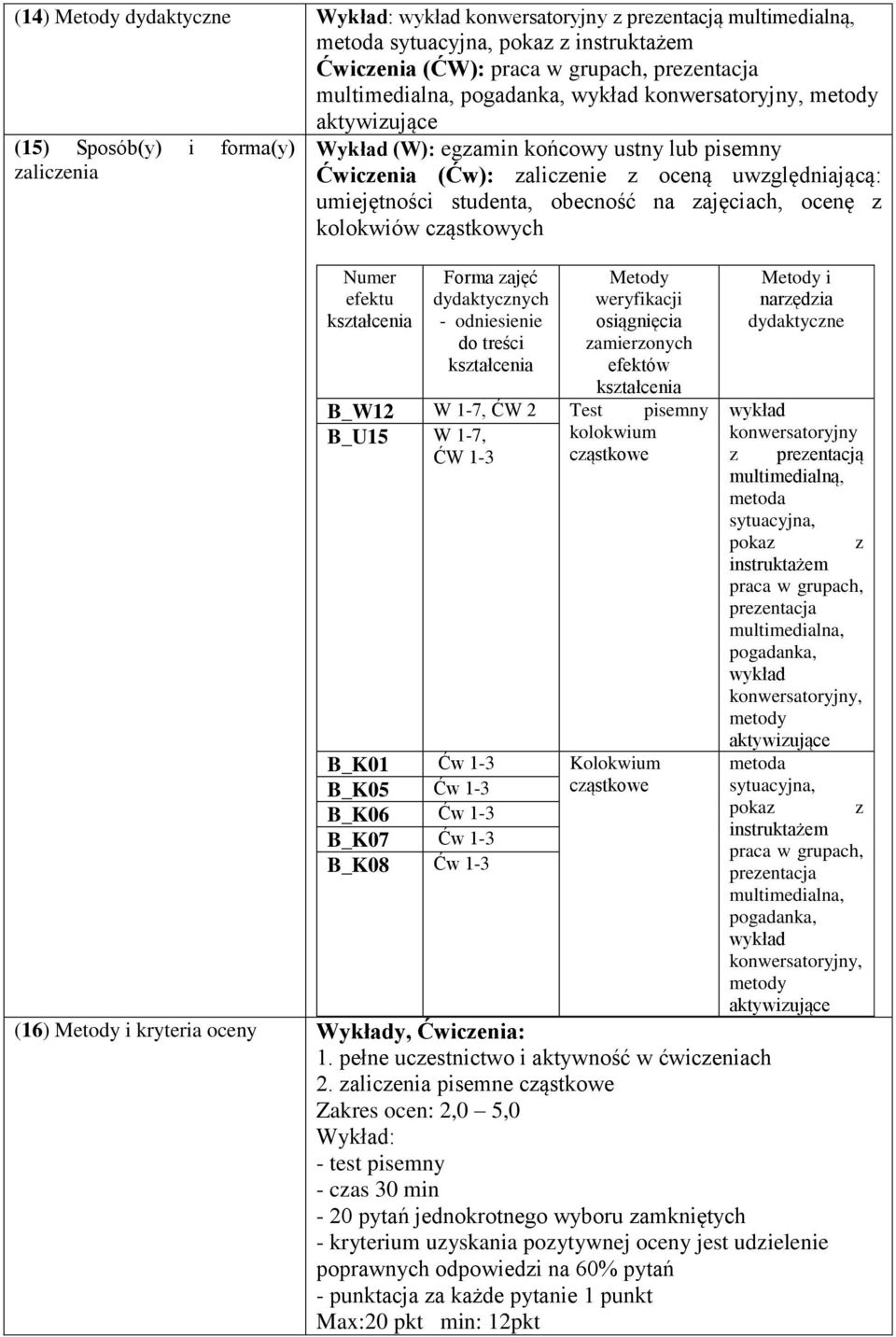 zajęciach, ocenę z kolokwiów cząstkowych Numer efektu Forma zajęć dydaktycznych - odniesienie do treści Metody weryfikacji osiągnięcia zamierzonych efektów B_W W -7, ĆW Test pisemny B_U5 W -7,