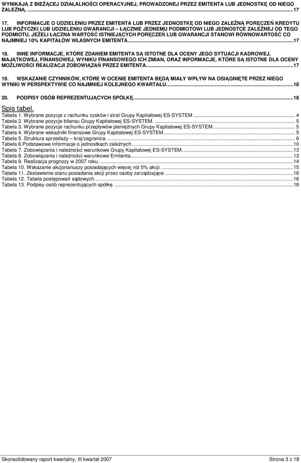 JEŻELI ŁĄCZNA WARTOŚĆ ISTNIEJĄCYCH PORĘCZEŃ LUB GWARANCJI STANOWI RÓWNOWARTOŚĆ CO NAJMNIEJ 10% KAPITAŁÓW WŁASNYCH EMITENTA....17 18.