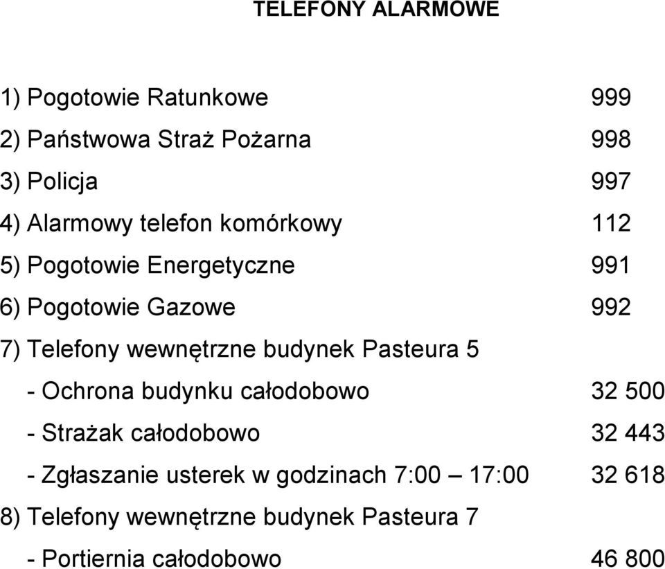 wewnętrzne budynek Pasteura 5 - Ochrona budynku całodobowo 32 500 - Strażak całodobowo 32 443 -