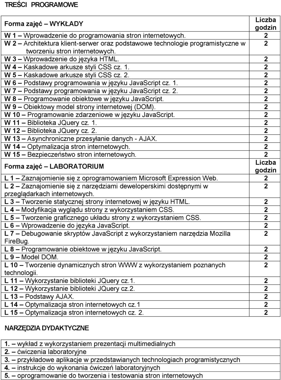 2 W 5 Kaskadowe arkusze styli CSS cz. 2. 2 W 6 Podstawy programowania w języku JavaScript cz. 1. 2 W 7 Podstawy programowania w języku JavaScript cz. 2. 2 W 8 Programowanie obiektowe w języku JavaScript.