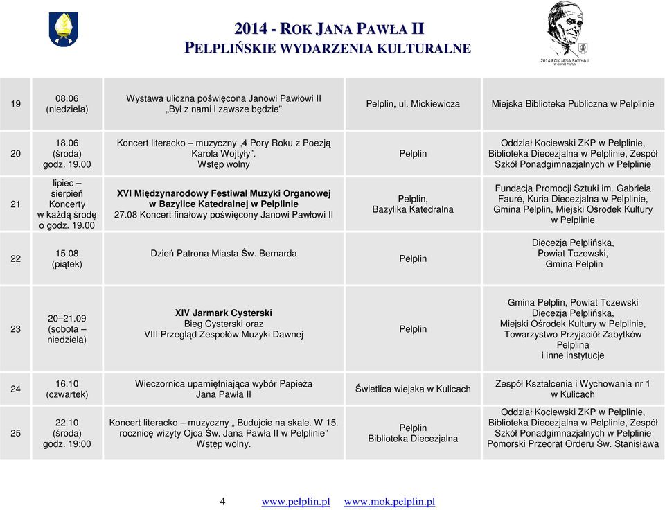 19.00 XVI Międzynarodowy Festiwal Muzyki Organowej w Bazylice Katedralnej w ie 27.08 Koncert finałowy poświęcony Janowi Pawłowi II, Fundacja Promocji Sztuki im.