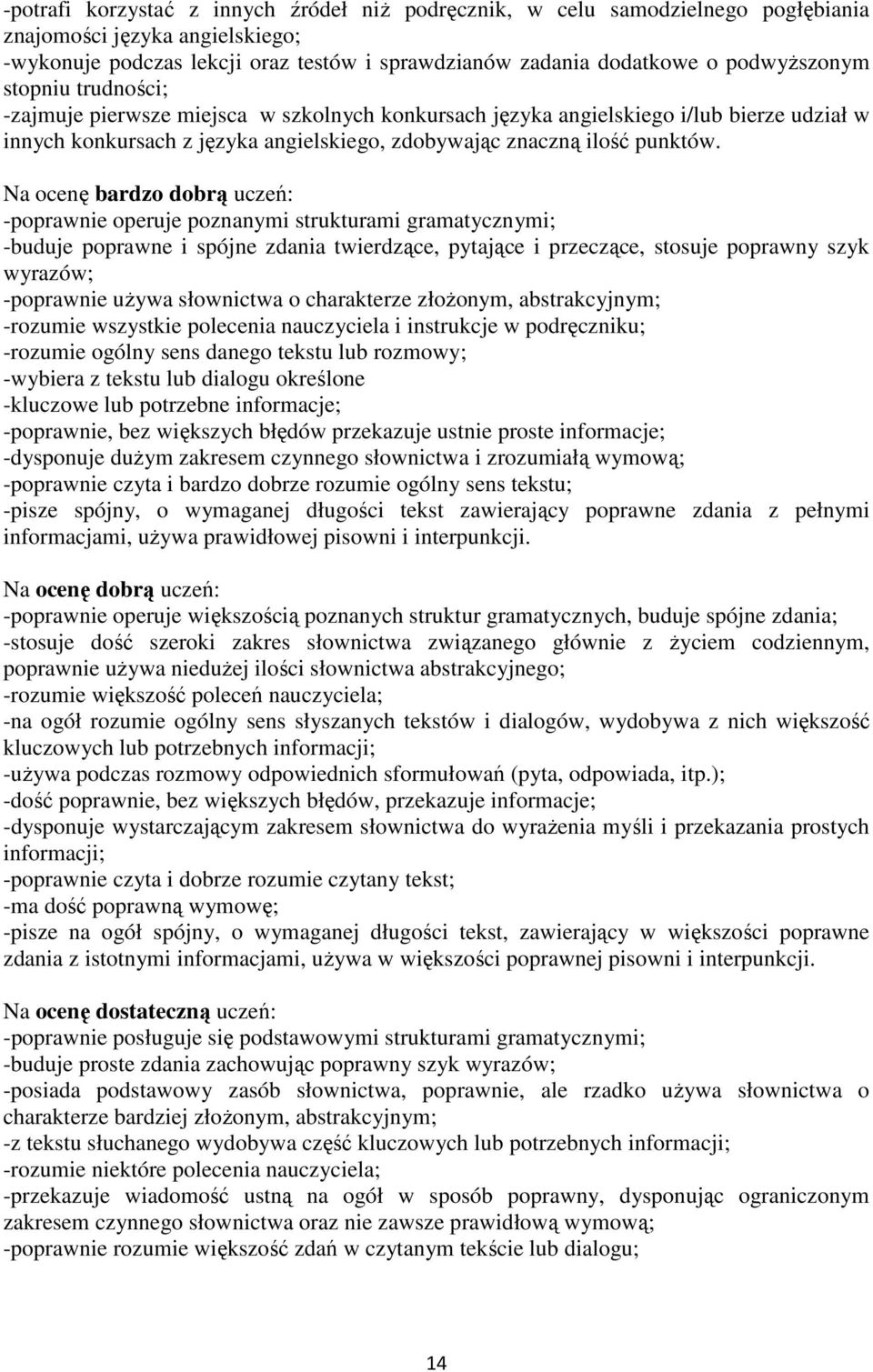 Na ocenę bardzo dobrą uczeń: -poprawnie operuje poznanymi strukturami gramatycznymi; -buduje poprawne i spójne zdania twierdzące, pytające i przeczące, stosuje poprawny szyk wyrazów; -poprawnie używa