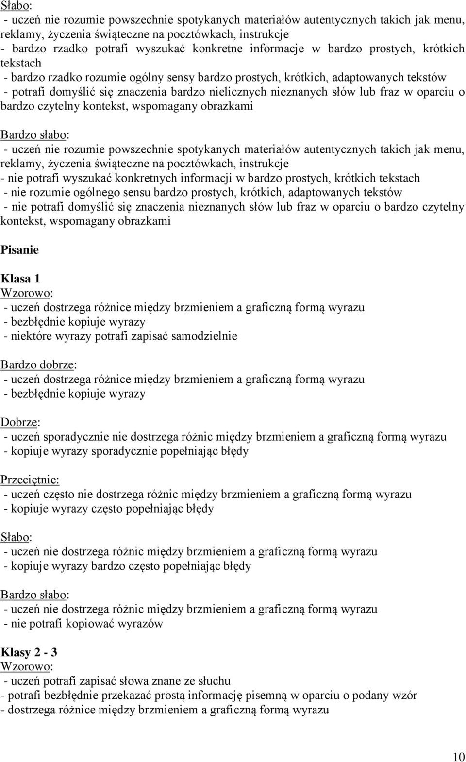 oparciu o bardzo czytelny kontekst, wspomagany obrazkami - uczeń nie rozumie powszechnie spotykanych materiałów autentycznych takich jak menu, reklamy, życzenia świąteczne na pocztówkach, instrukcje