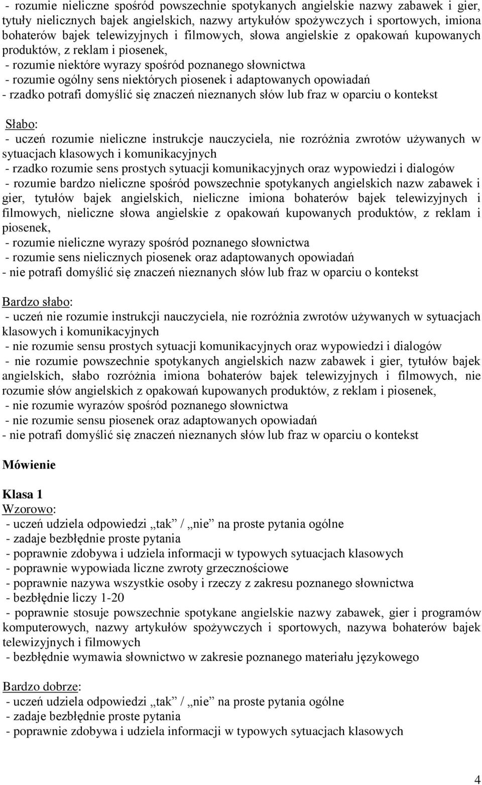 adaptowanych opowiadań - rzadko potrafi domyślić się znaczeń nieznanych słów lub fraz w oparciu o kontekst - uczeń rozumie nieliczne instrukcje nauczyciela, nie rozróżnia zwrotów używanych w