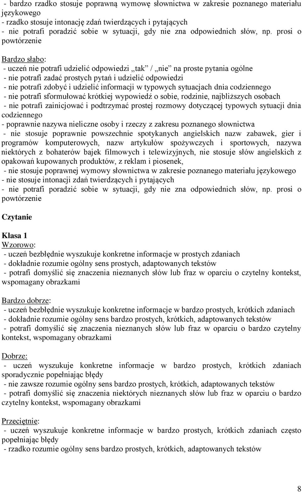 prosi o powtórzenie - uczeń nie potrafi udzielić odpowiedzi tak / nie na proste pytania ogólne - nie potrafi zadać prostych pytań i udzielić odpowiedzi - nie potrafi zdobyć i udzielić informacji w