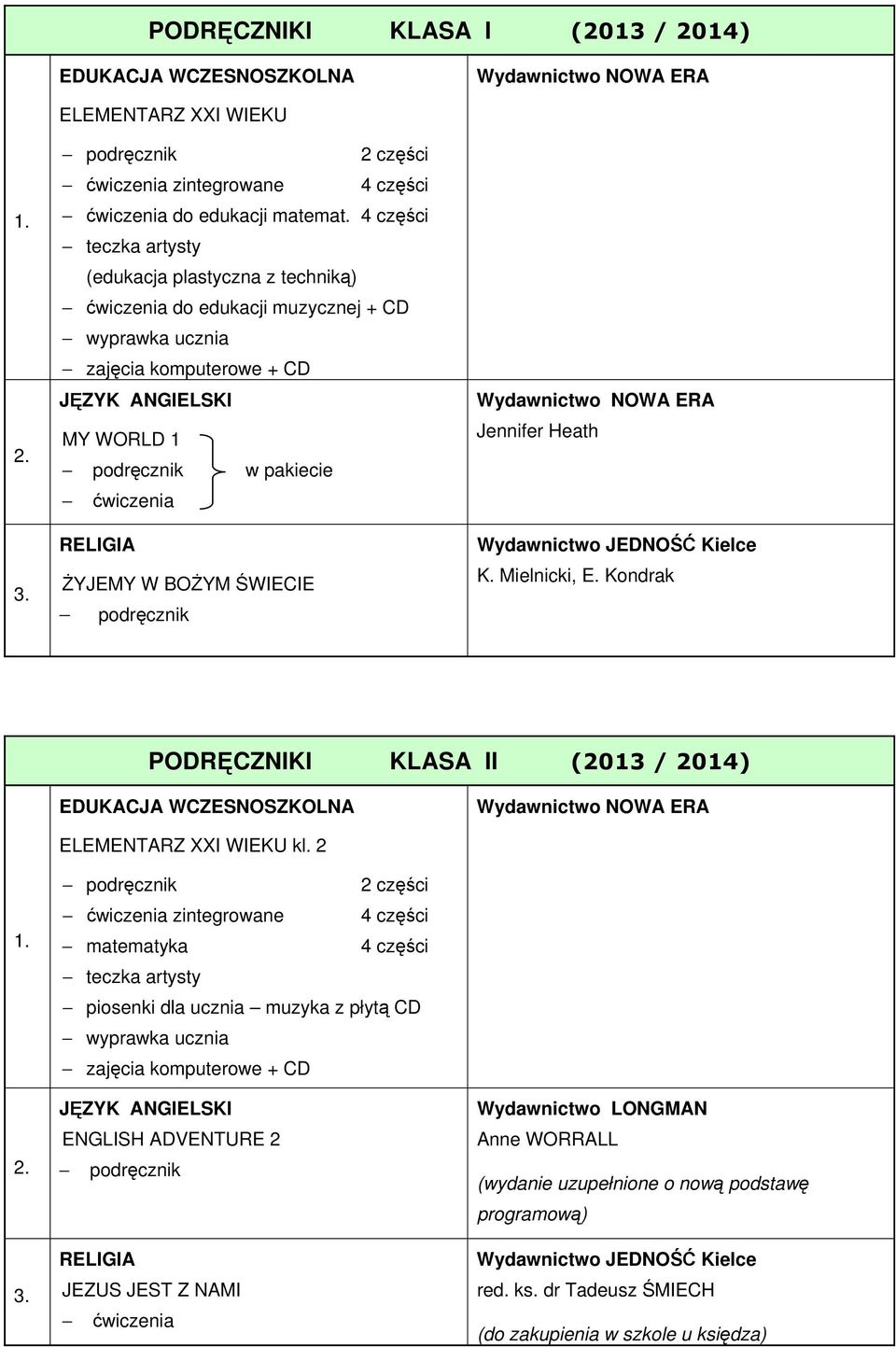 ŚWIECIE Jennifer Heath K. Mielnicki, E. Kondrak PODRĘCZNIKI KLASA II (2013 / 2014) ELEMENTARZ XXI WIEKU kl.