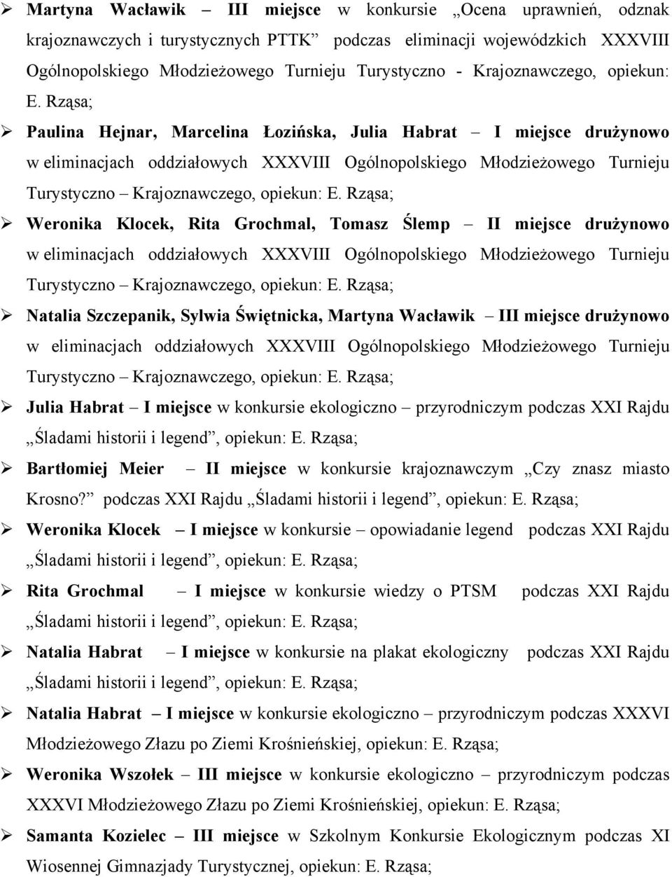 Rząsa; Paulina Hejnar, Marcelina Łozińska, Julia Habrat I miejsce drużynowo w eliminacjach oddziałowych XXXVIII Ogólnopolskiego Młodzieżowego Turnieju Turystyczno  Rząsa; Weronika Klocek, Rita