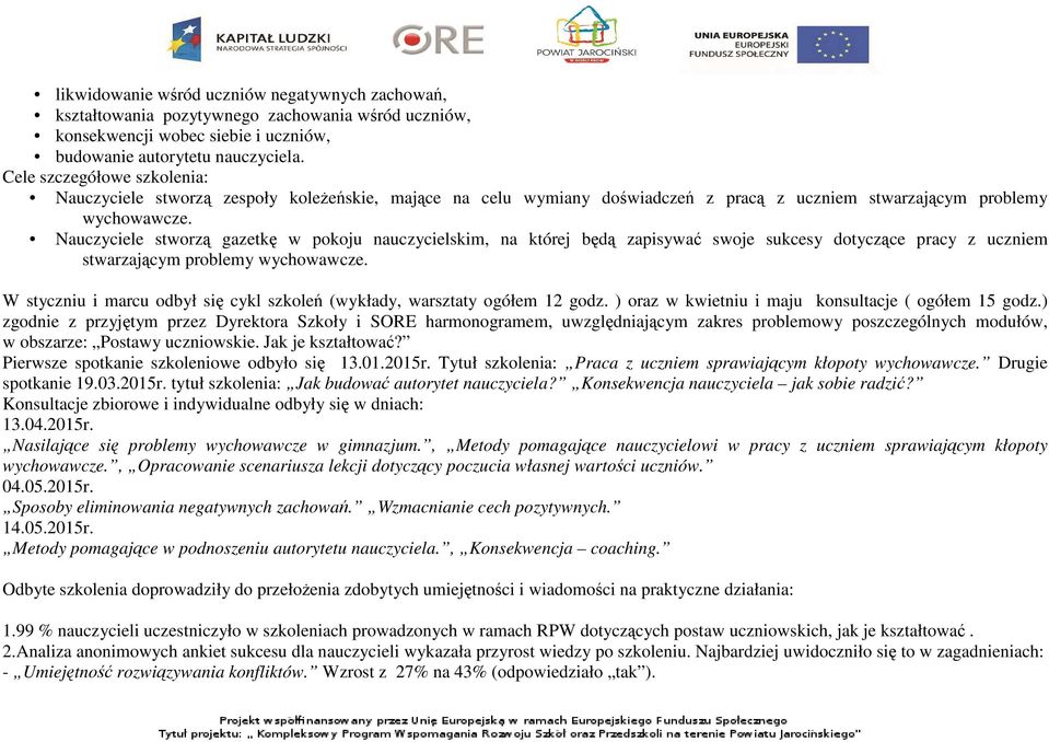 Nauczyciele stworzą gazetkę w pokoju nauczycielskim, na której będą zapisywać swoje sukcesy dotyczące pracy z uczniem stwarzającym problemy wychowawcze.