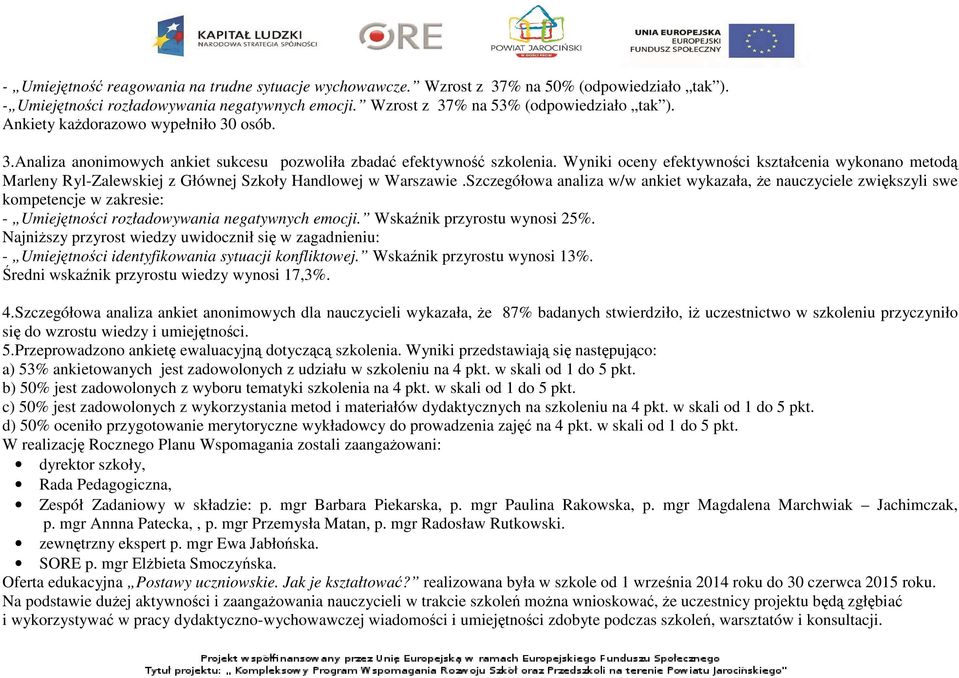 Wyniki oceny efektywności kształcenia wykonano metodą Marleny Ryl-Zalewskiej z Głównej Szkoły Handlowej w Warszawie.