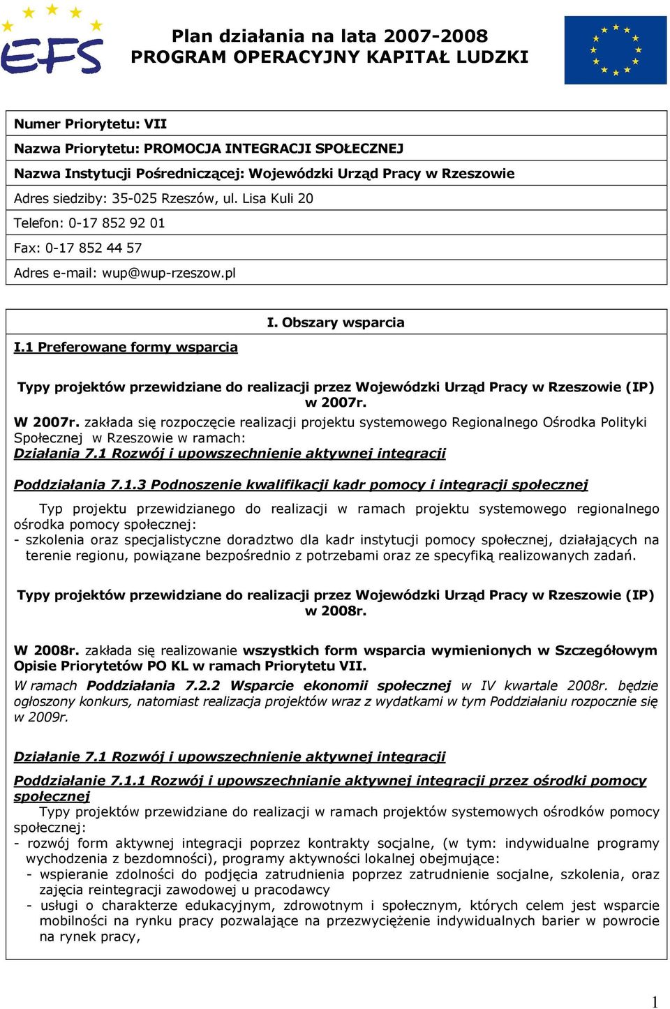 Obszary wsparcia Typy projektów przewidziane do realizacji przez Wojewódzki Urząd Pracy w Rzeszowie (IP) w 2007r. W 2007r.