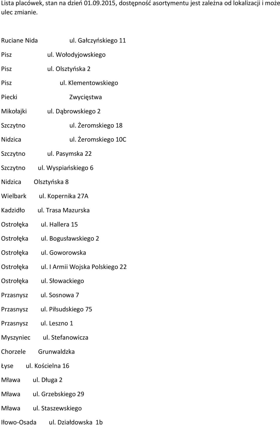 Wyspiańskiego 6 Nidzica Olsztyńska 8 Wielbark Kadzidło ul. Kopernika 27A ul. Trasa Mazurska ul. Hallera 15 ul. Bogusławskiego 2 ul. Goworowska ul. I Armii Wojska Polskiego 22 ul.