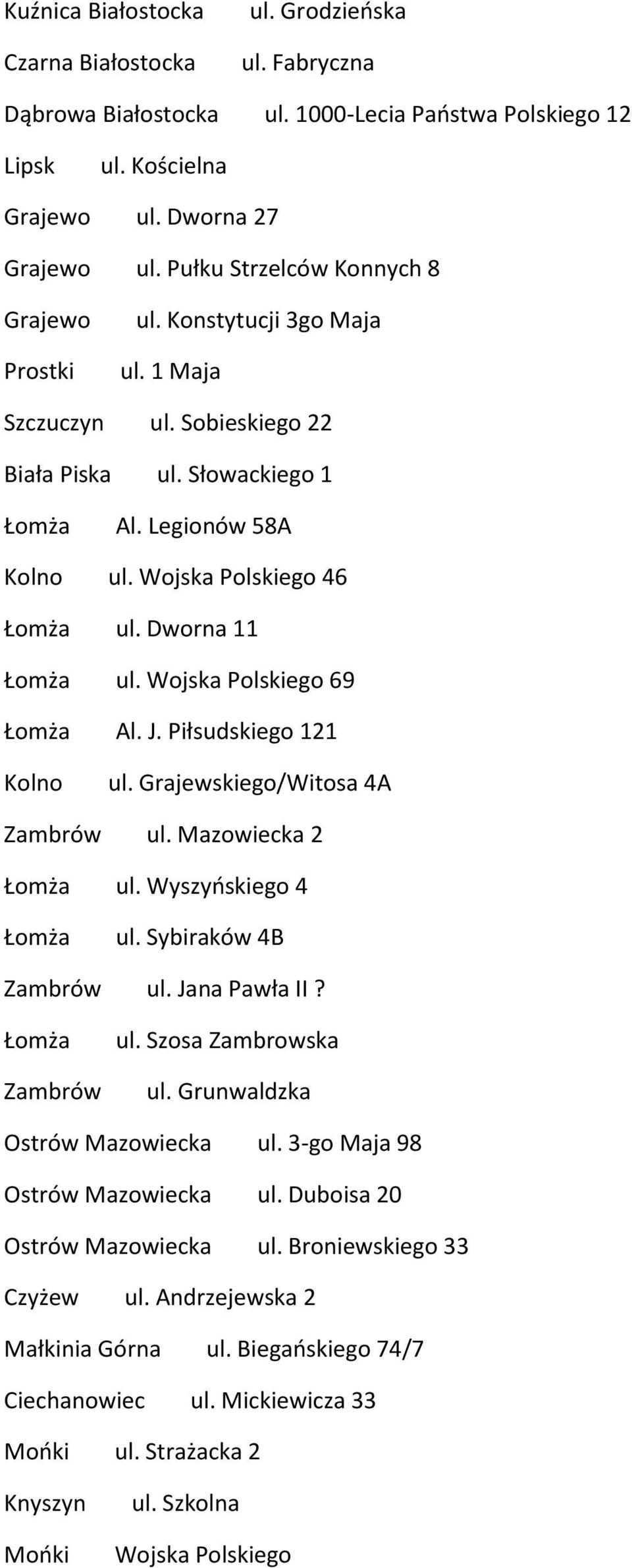 Dworna 11 Łomża ul. Wojska Polskiego 69 Łomża Al. J. Piłsudskiego 121 Kolno ul. Grajewskiego/Witosa 4A Zambrów ul. Mazowiecka 2 Łomża ul. Wyszyńskiego 4 Łomża ul. Sybiraków 4B Zambrów ul.