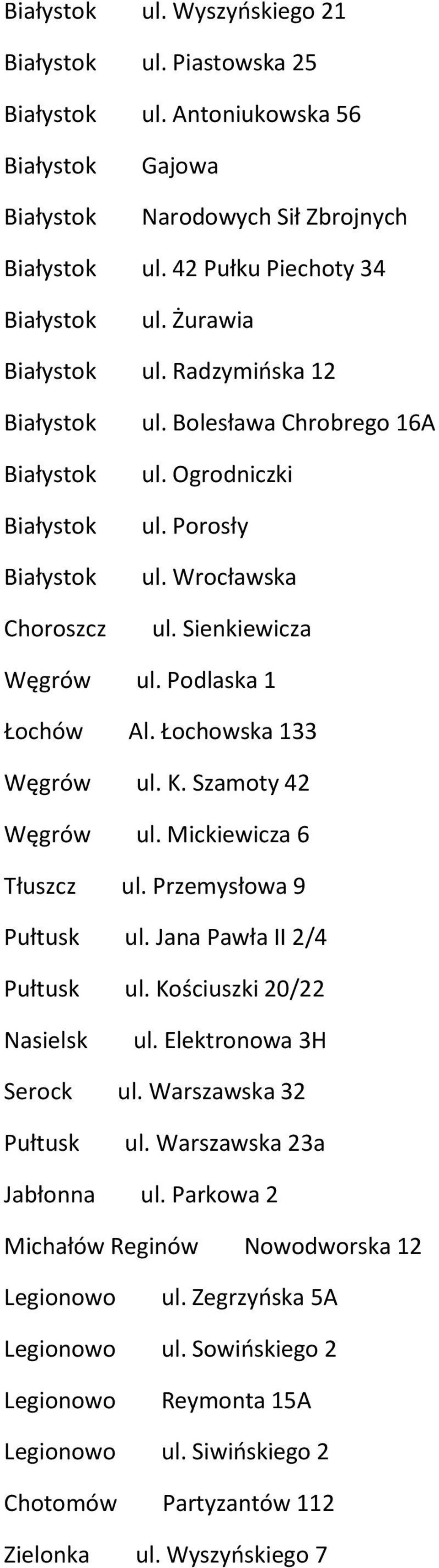 Mickiewicza 6 Tłuszcz ul. Przemysłowa 9 Pułtusk ul. Jana Pawła II 2/4 Pułtusk ul. Kościuszki 20/22 Nasielsk ul. Elektronowa 3H Serock ul. Warszawska 32 Pułtusk ul.