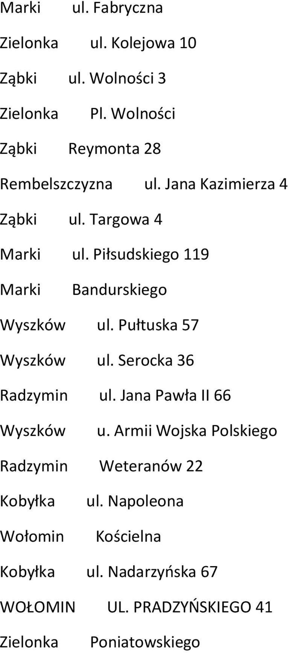 Piłsudskiego 119 Marki Bandurskiego Wyszków ul. Pułtuska 57 Wyszków ul. Serocka 36 Radzymin ul.