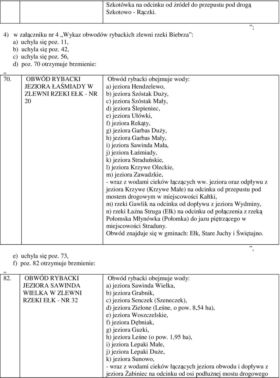 OBWÓD RYBACKI JEZIORA ŁAŚMIADY W ZLEWNI RZEKI EŁK - NR 20 a) jeziora Hendzelewo, b) jeziora Szóstak Duży, c) jeziora Szóstak Mały, d) jeziora Ślepieniec, e) jeziora Ułówki, f) jeziora Rekąty, g)