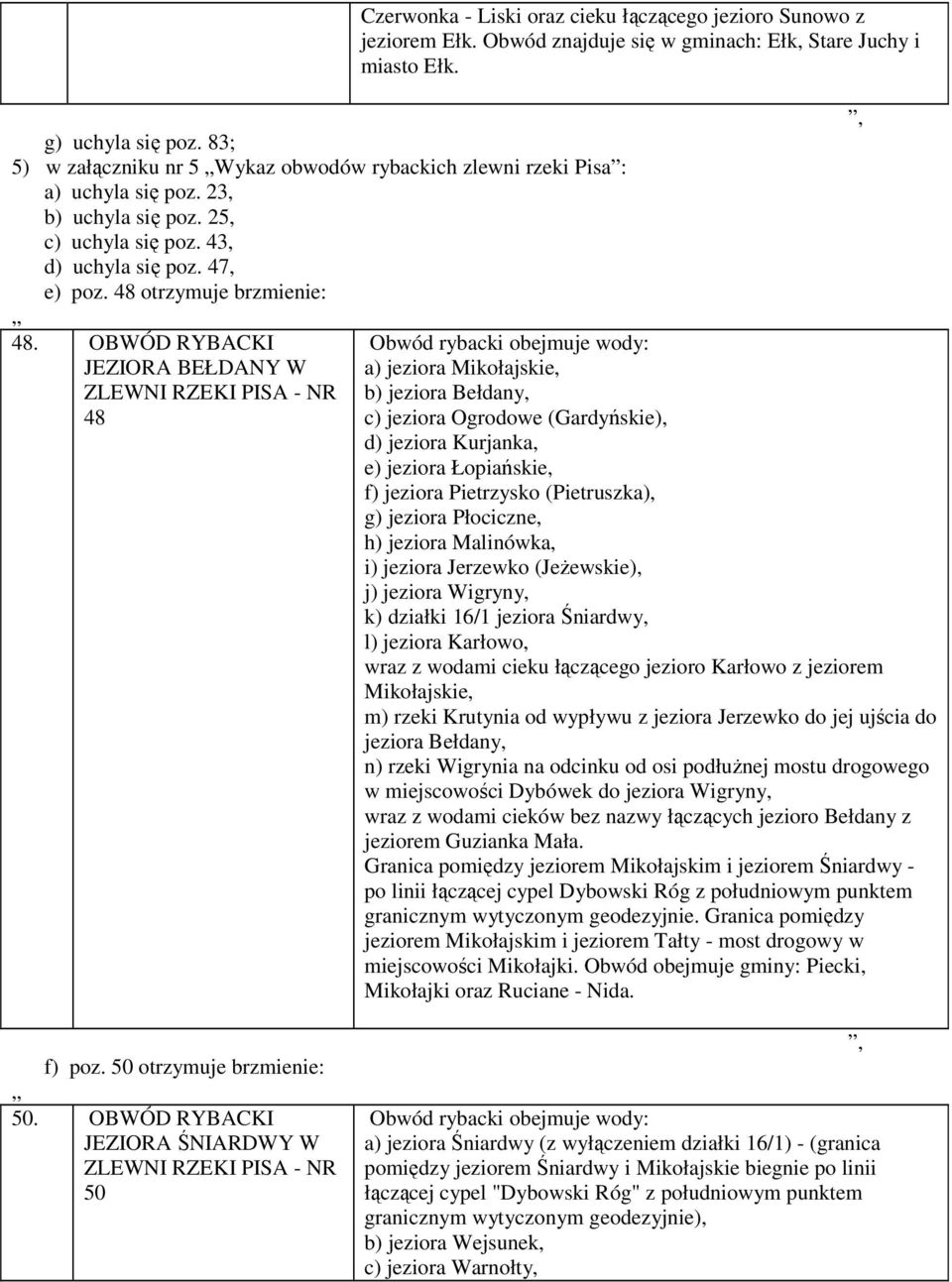 a) jeziora Mikołajskie, b) jeziora Bełdany, c) jeziora Ogrodowe (Gardyńskie), d) jeziora Kurjanka, e) jeziora Łopiańskie, f) jeziora Pietrzysko (Pietruszka), g) jeziora Płociczne, h) jeziora