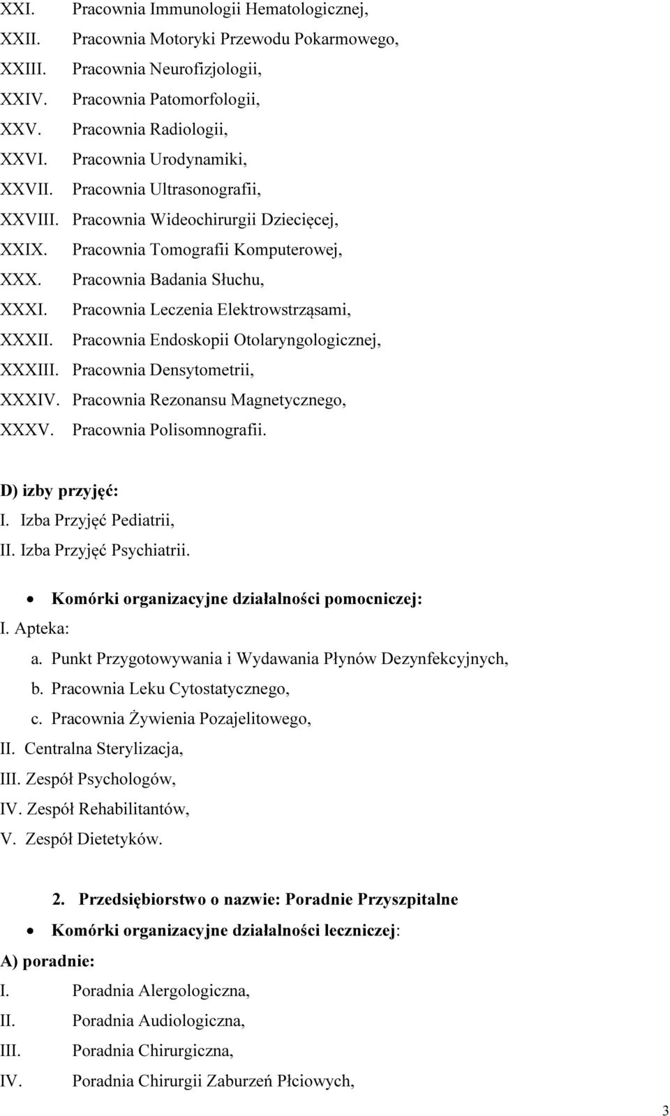 Pracownia Leczenia Elektrowstrząsami, XXXII. Pracownia Endoskopii Otolaryngologicznej, XXXIII. Pracownia Densytometrii, XXXIV. Pracownia Rezonansu Magnetycznego, XXXV. Pracownia Polisomnografii.