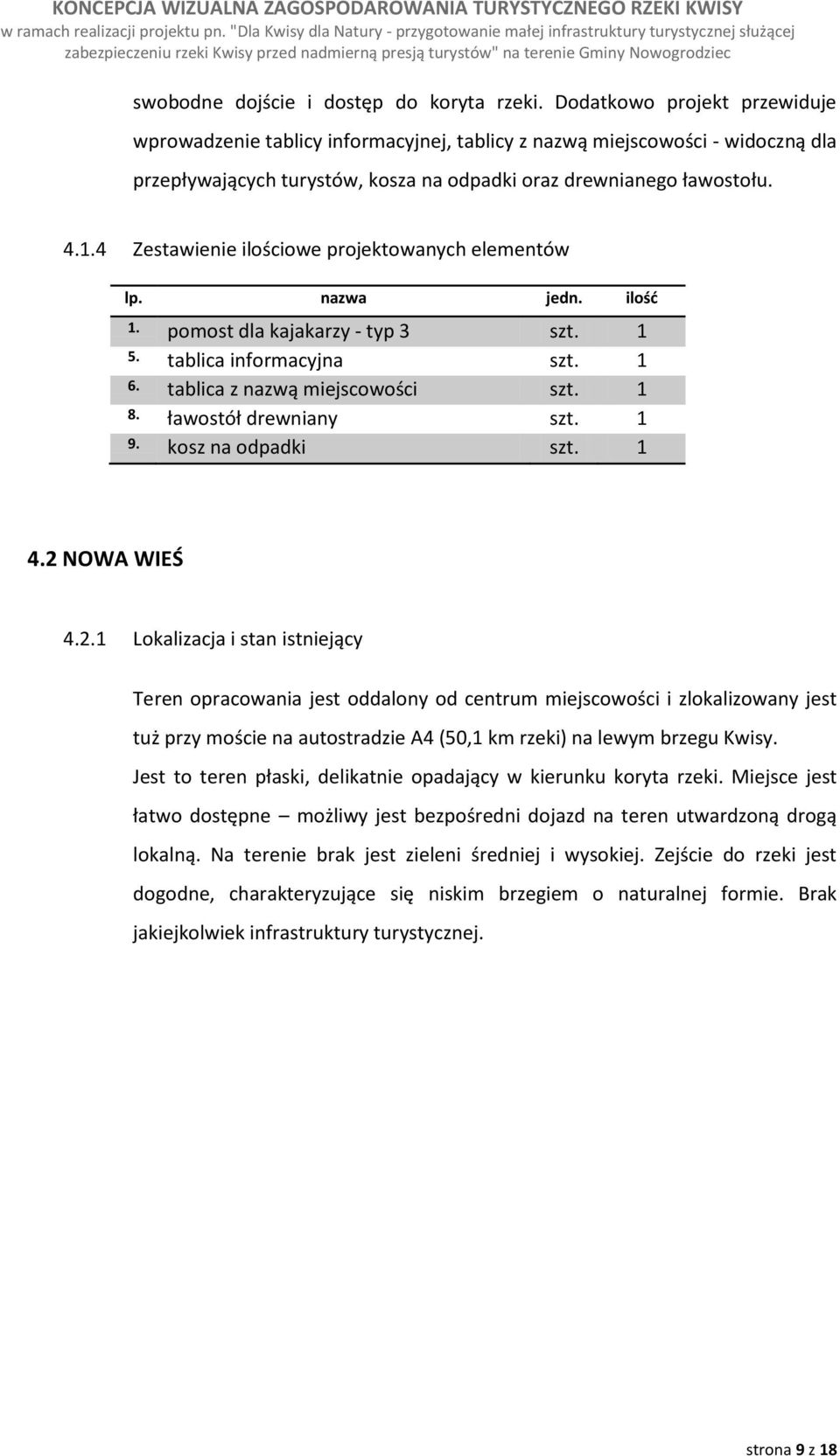 4 Zestawienie ilościowe projektowanych elementów lp. nazwa jedn. ilość 1. pomost dla kajakarzy - typ 3 szt. 1 5. tablica informacyjna szt. 1 6. tablica z nazwą miejscowości szt. 1 8.