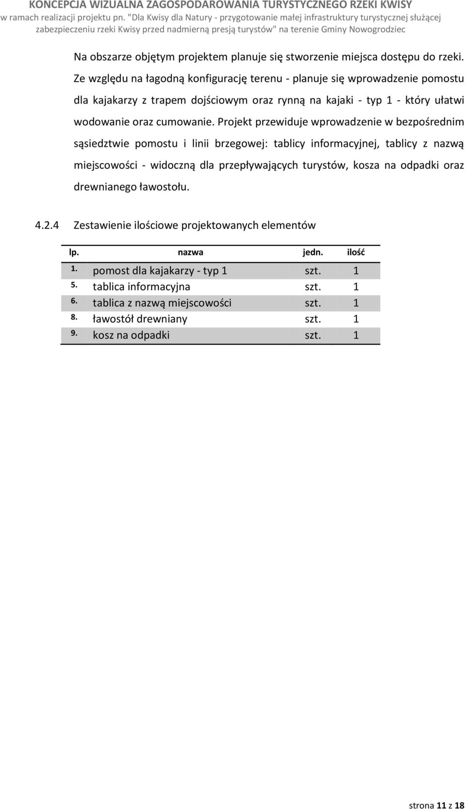 Projekt przewiduje wprowadzenie w bezpośrednim sąsiedztwie pomostu i linii brzegowej: tablicy informacyjnej, tablicy z nazwą miejscowości - widoczną dla przepływających turystów, kosza