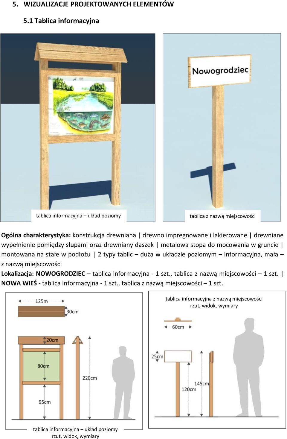 wypełnienie pomiędzy słupami oraz drewniany daszek metalowa stopa do mocowania w gruncie montowana na stałe w podłożu 2 typy tablic duża w układzie poziomym informacyjna, mała
