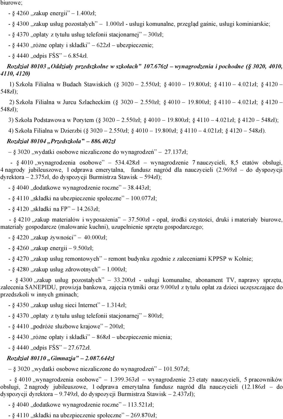 Rozdział 80103 Oddziały przedszkolne w szkołach 107.676zł wynagrodzenia i pochodne ( 3020, 4010, 4110, 4120) 1) Szkoła Filialna w Budach Stawiskich ( 3020 2.550zł; 4010 19.800zł; 4110 4.