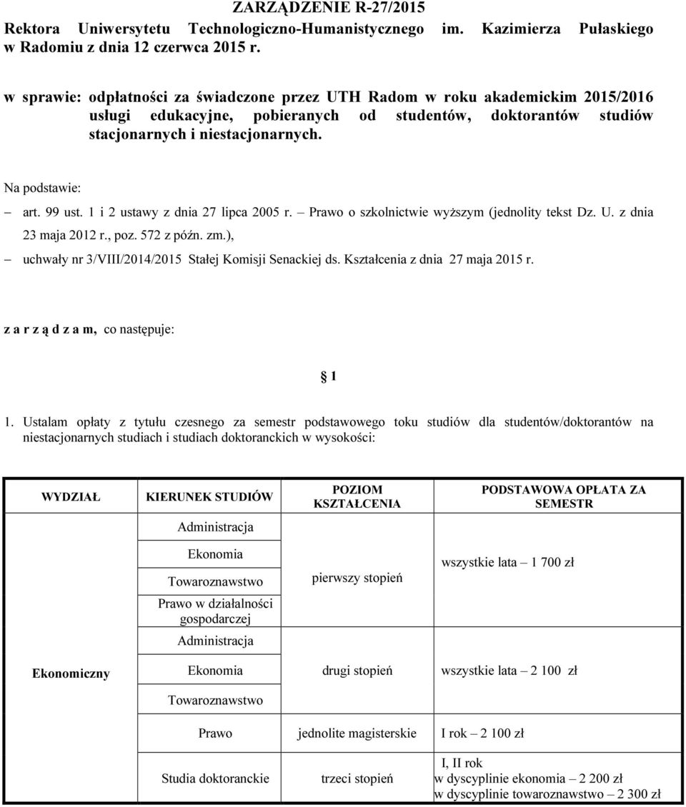 99 ust. 1 i 2 ustawy z dnia 27 lipca 2005 r. Prawo o szkolnictwie wyższym (jednolity tekst Dz. U. z dnia 23 maja 2012 r., poz. 572 z późn. zm.