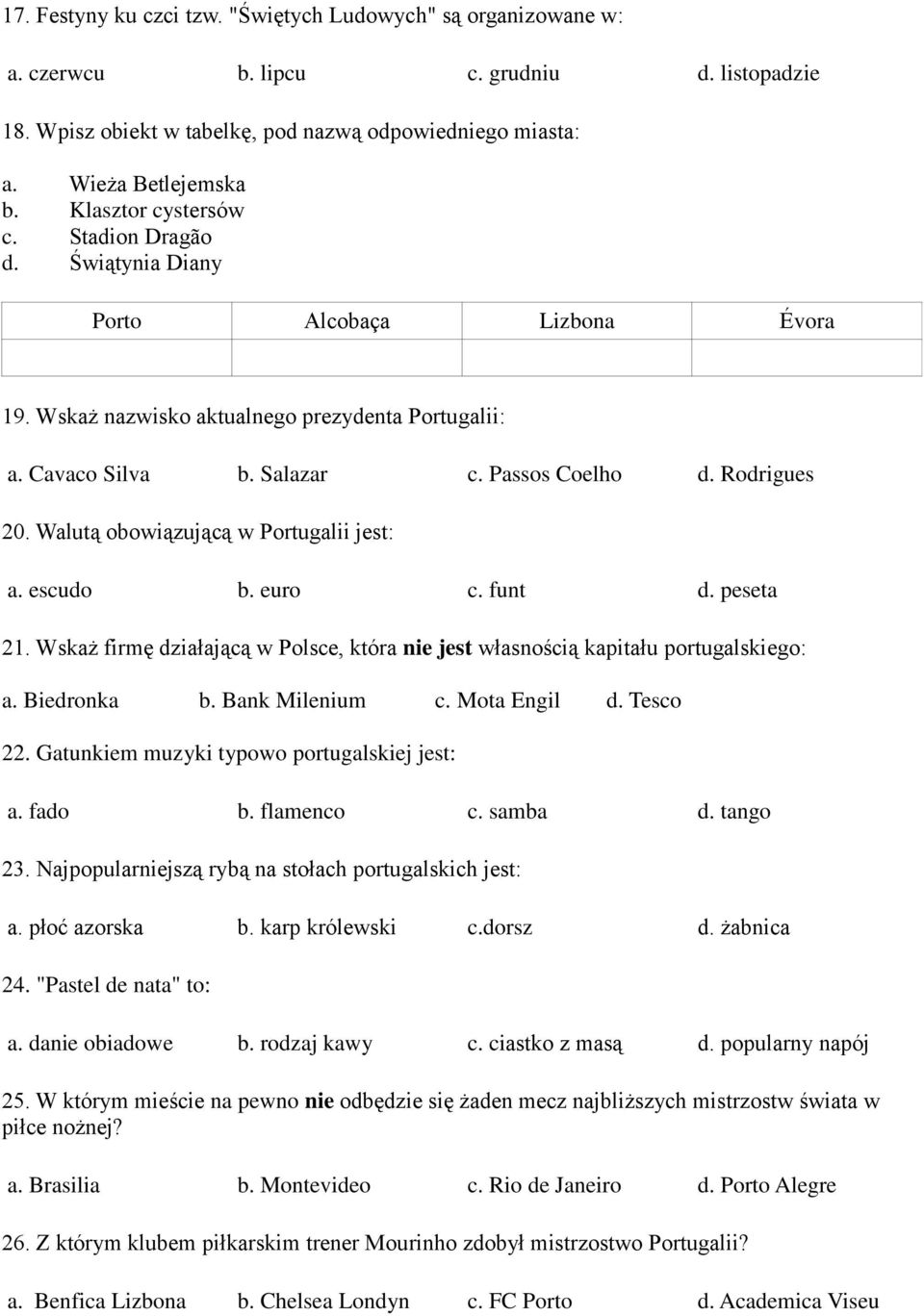 Walutą obowiązującą w Portugalii jest: a. escudo b. euro c. funt d. peseta 21. Wskaż firmę działającą w Polsce, która nie jest własnością kapitału portugalskiego: a. Biedronka b. Bank Milenium c.