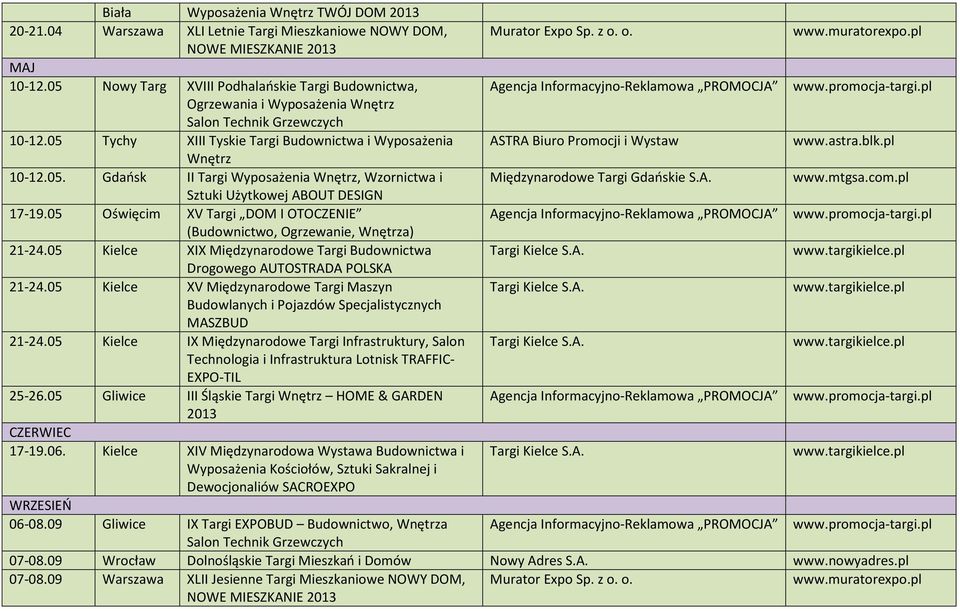 05 Tychy XIII Tyskie Targi Budownictwa i Wyposażenia ASTRA Biuro Promocji i Wystaw www.astra.blk.pl Wnętrz 10-12.05. Gdańsk II Targi Wyposażenia Wnętrz, Wzornictwa i Międzynarodowe Targi Gdańskie S.A. www.mtgsa.