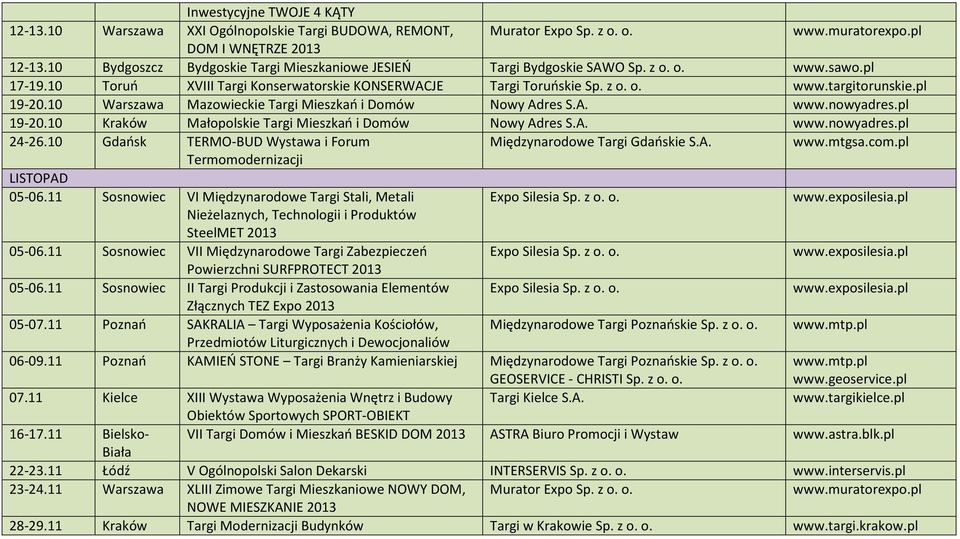 pl 19-20.10 Warszawa Mazowieckie Targi Mieszkań i Domów Nowy Adres S.A. www.nowyadres.pl 19-20.10 Kraków Małopolskie Targi Mieszkań i Domów Nowy Adres S.A. www.nowyadres.pl 24-26.
