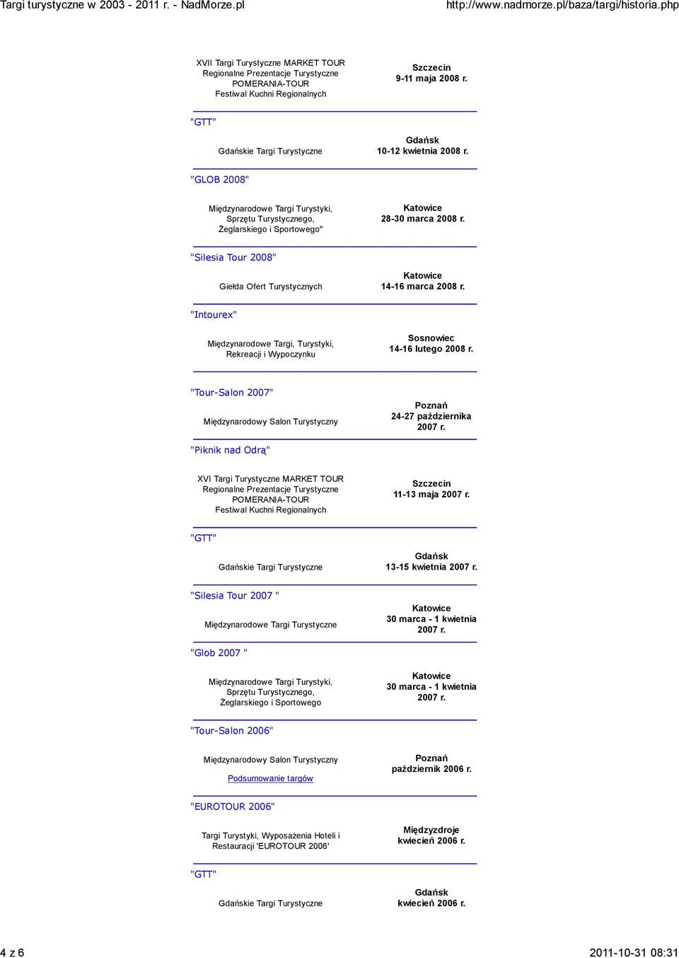 "Intourex" Międzynarodowe Targi, Turystyki, Rekreacji i Wypoczynku Sosnowiec 14-16 lutego 2008 r. "Tour-Salon 2007" 24-27 października 2007 r.