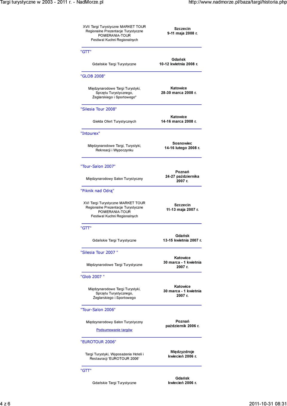 "Intourex" Międzynarodowe Targi, Turystyki, Rekreacji i Wypoczynku Sosnowiec 14-16 lutego 2008 r. "Tour-Salon 2007" 24-27 października 2007 r.